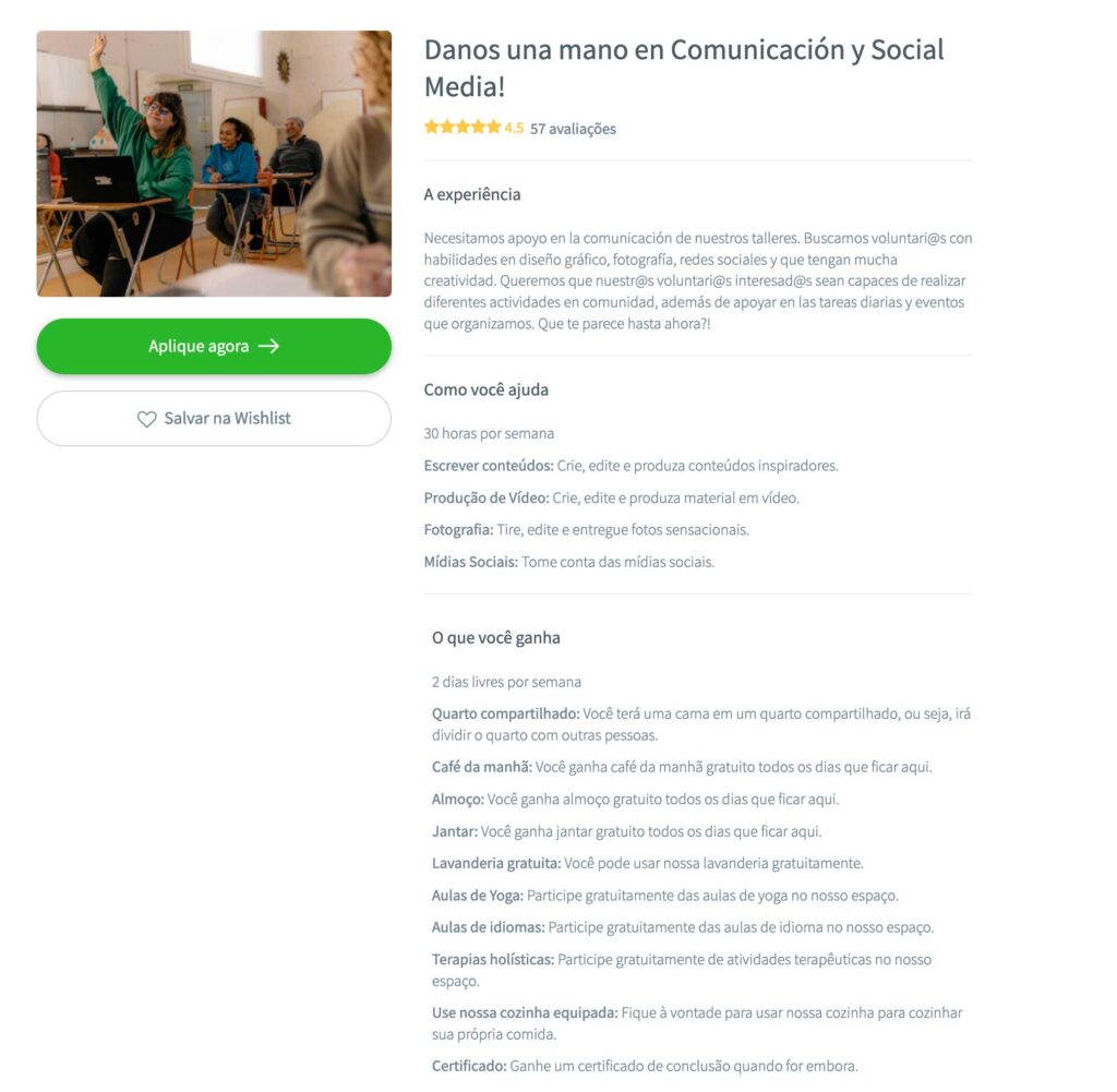 Pagina de aplicação para um trabalho voluntário em Barcelona